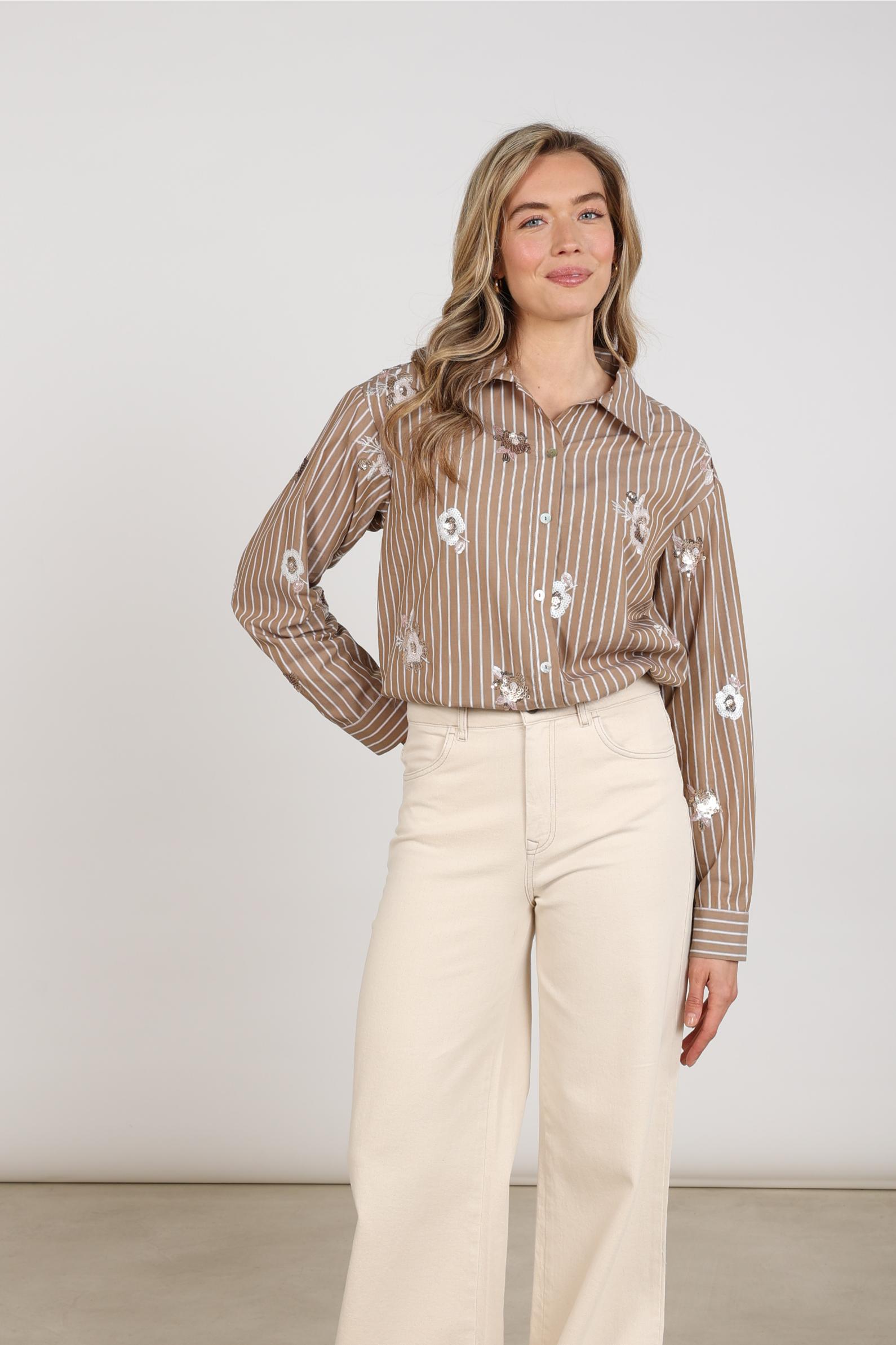 Newport Blouse Stripe Flower | Taupe/Offwhite