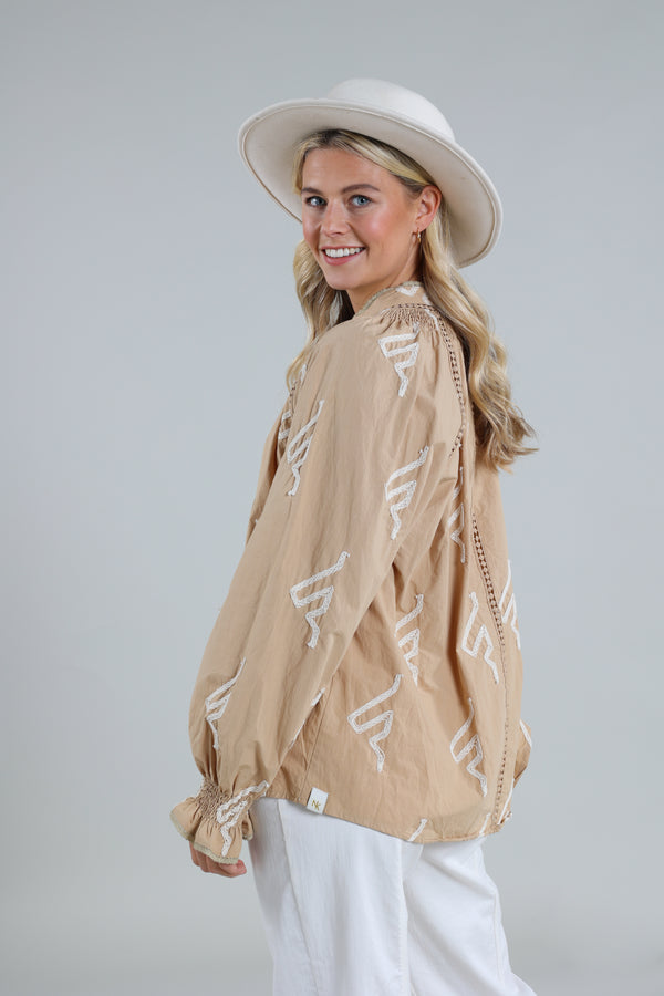 Claire Blouse Embroidery Camel