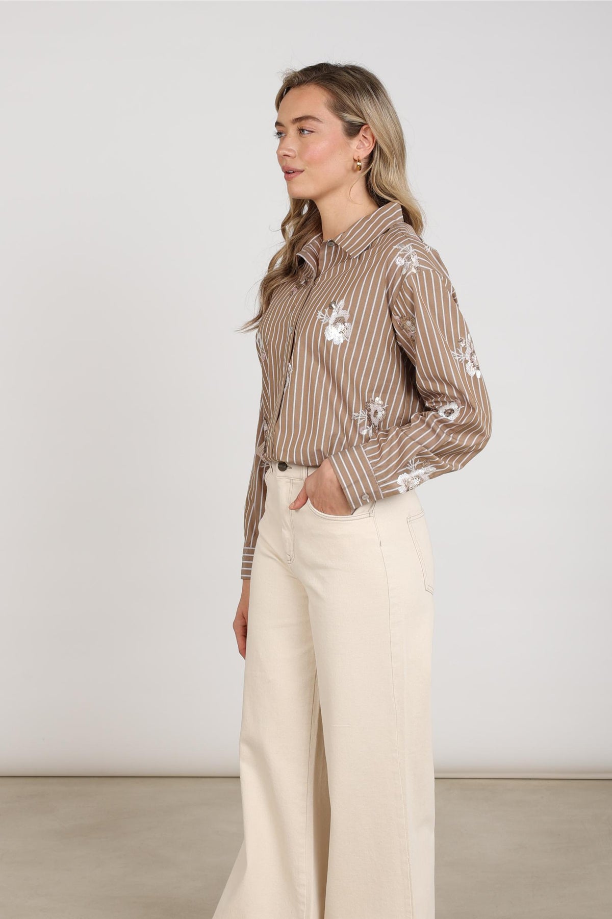 Newport Bluse Streifen Blume | Taupe/Offwhite