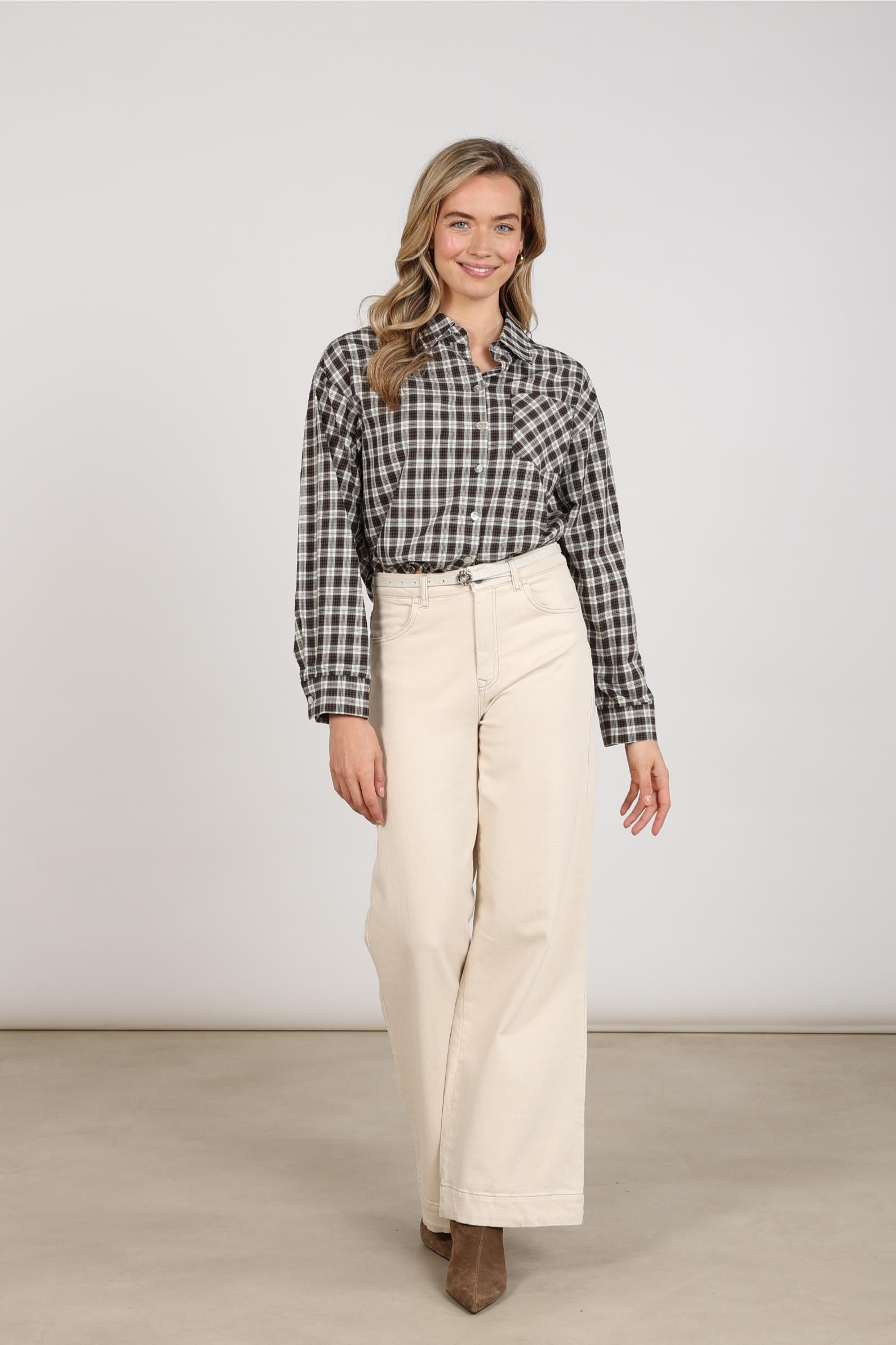 Macy Blouse Check | Offwhite/Chocolate
