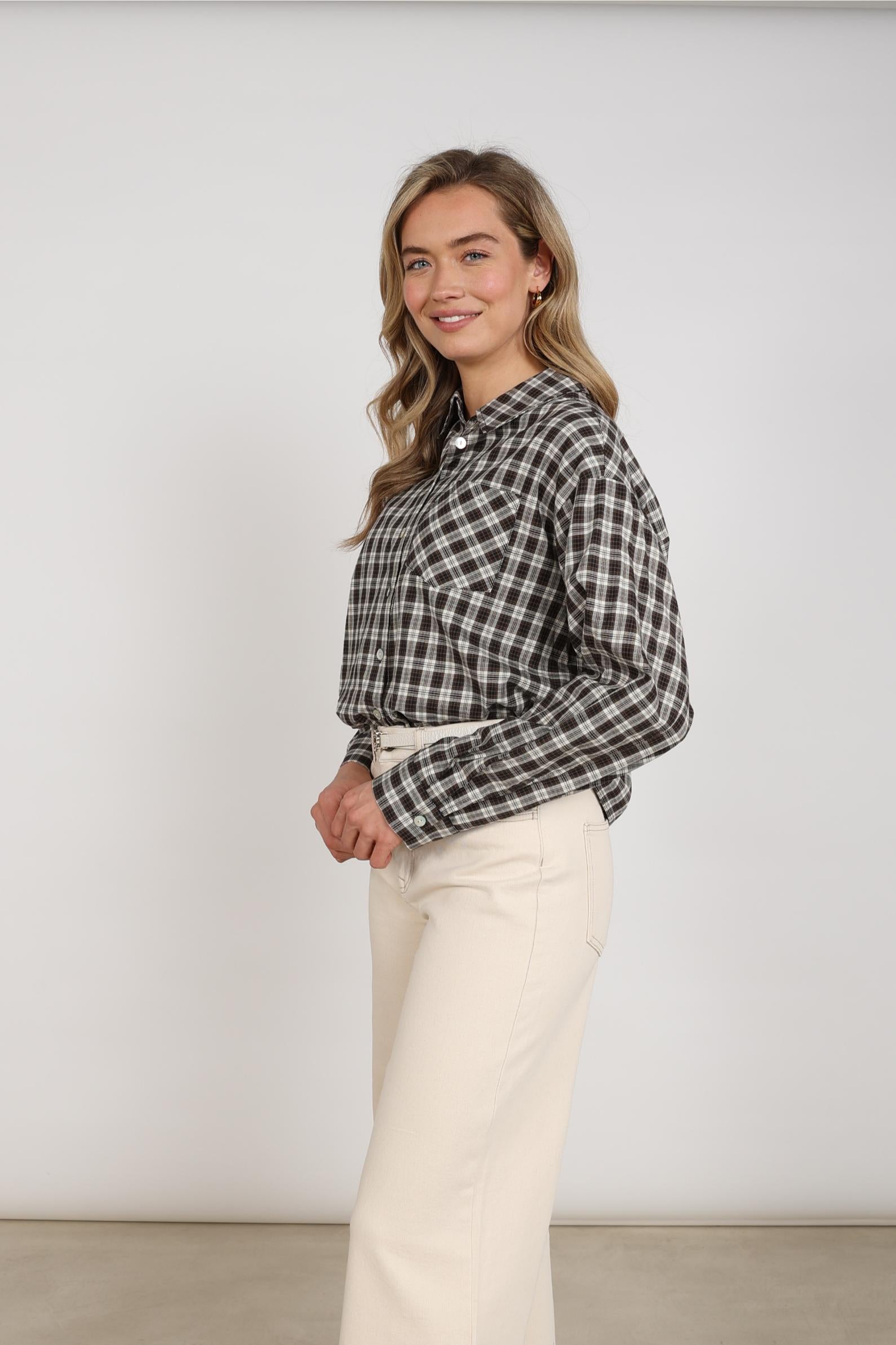 Macy Blouse Check | Offwhite/Chocolate