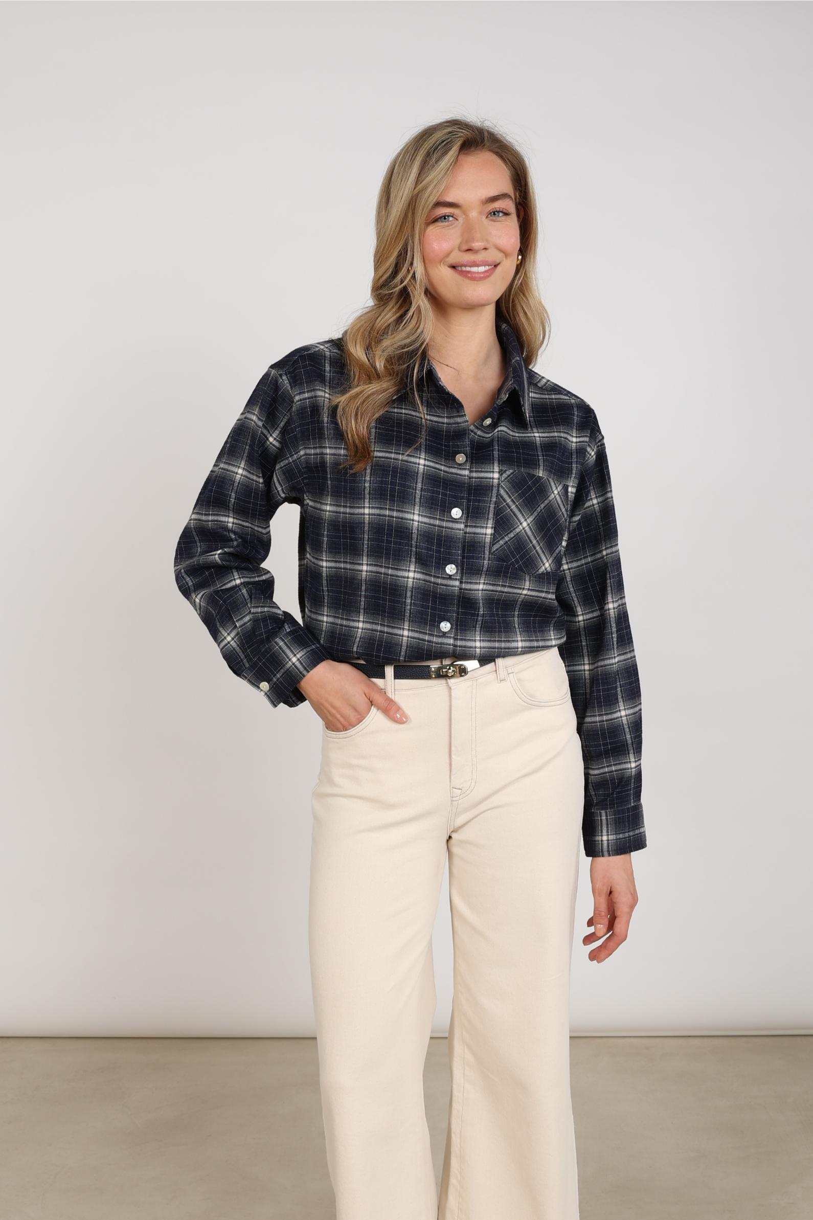 Macy Blouse Check | Navy/Offwhite