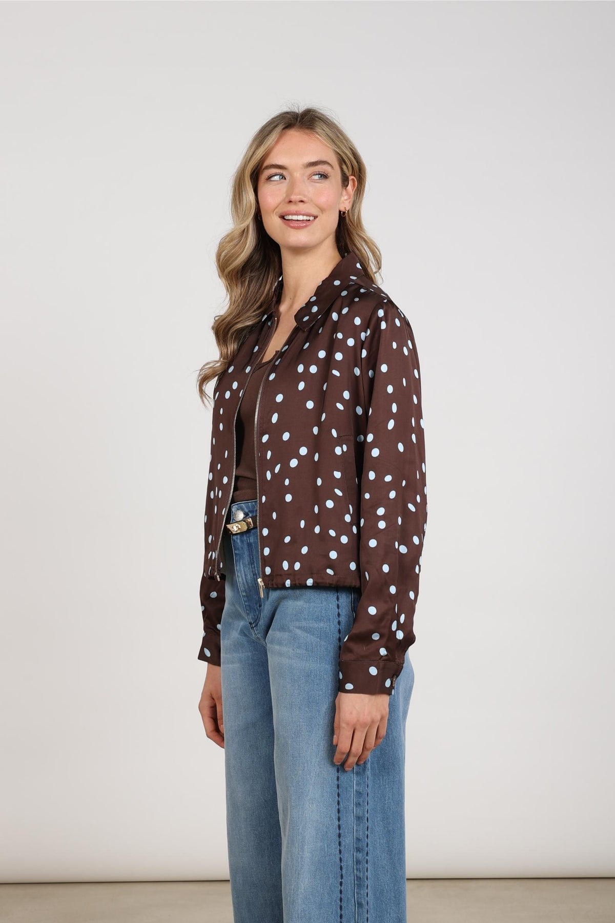 Doreen Bomber Dots | Chocolate/Sky