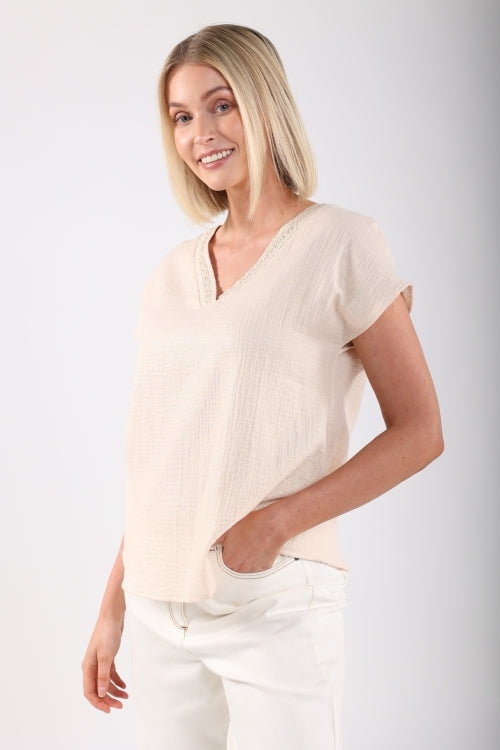 Sandra Top Vneck | Offwhite/Gold